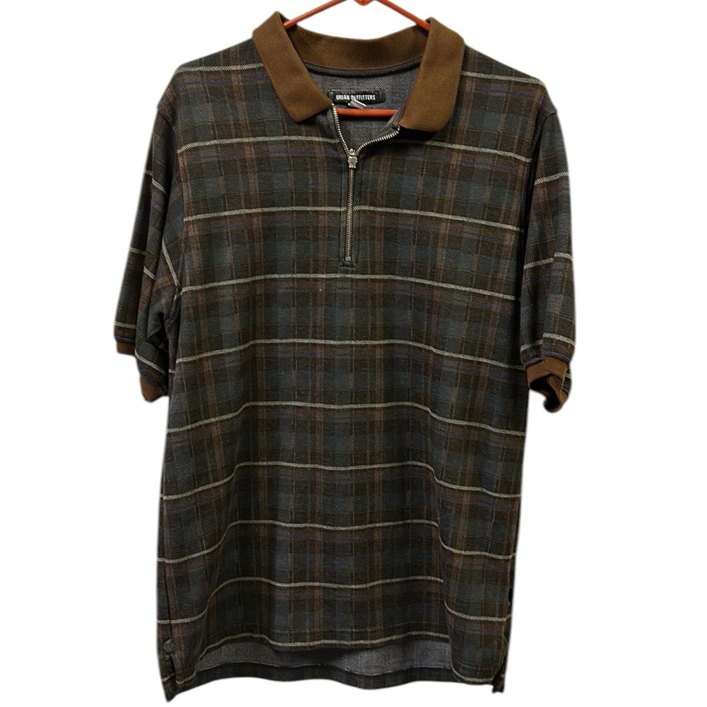 Urban Outfitters Brown Plaid Knit Zip Up Polo Short Sleeve Shirt Collar Mens S